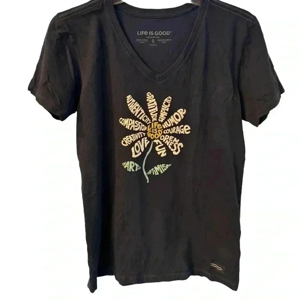Life is Good V Neck Crusher Navy Flower Art of Optimism Short Sleeve Tee Sz S